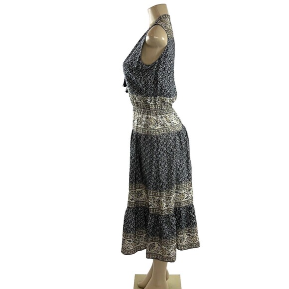 Sea New York Sabine Dress Size 4 Silk Blue Printed Midi Tassel Sleeveless Boho - Picture 8 of 12